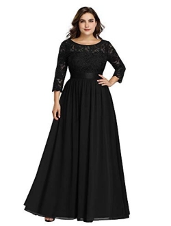 Women's Plus Size A-Line 3/4 Lace Sleeves Chiffon Long Formal Evening Party Maxi Dress 7412PZ