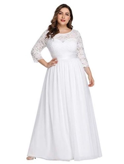 Women's Plus Size A-Line 3/4 Lace Sleeves Chiffon Long Formal Evening Party Maxi Dress 7412PZ