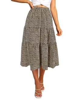 Women's Boho Leopard Print Skirt Pleated A-Line Swing Midi Skirts