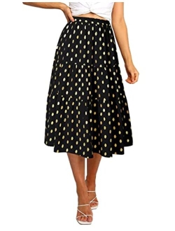 Women's Boho Leopard Print Skirt Pleated A-Line Swing Midi Skirts