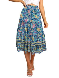 Women's Boho Leopard Print Skirt Pleated A-Line Swing Midi Skirts