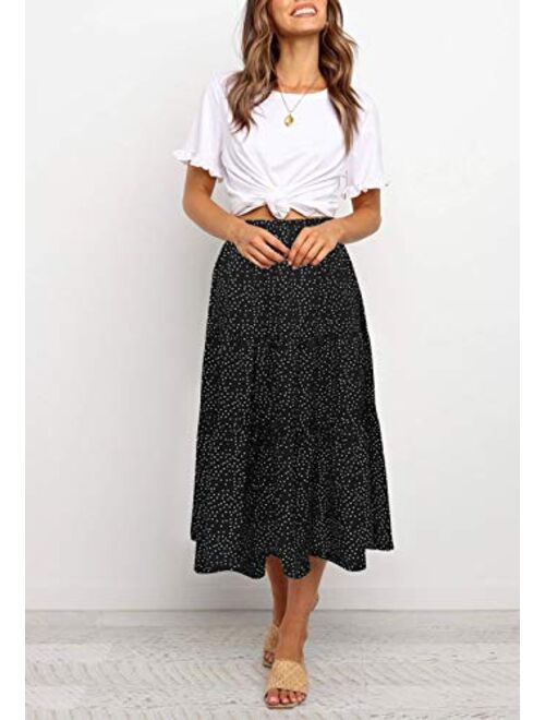 MEROKEETY Women's Boho Leopard Print Skirt Pleated A-Line Swing Midi Skirts