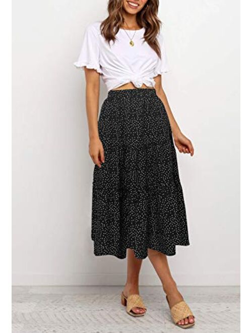 MEROKEETY Women's Boho Leopard Print Skirt Pleated A-Line Swing Midi Skirts