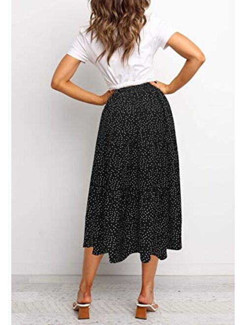 MEROKEETY Women's Boho Leopard Print Skirt Pleated A-Line Swing Midi Skirts