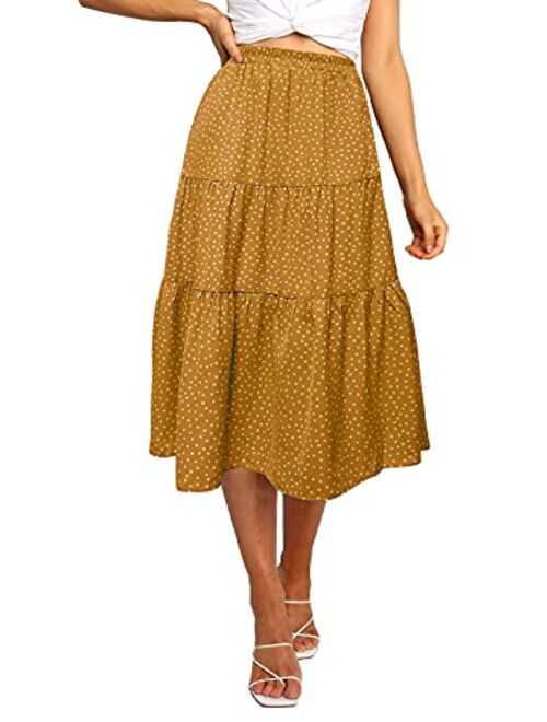 MEROKEETY Women's Boho Leopard Print Skirt Pleated A-Line Swing Midi Skirts