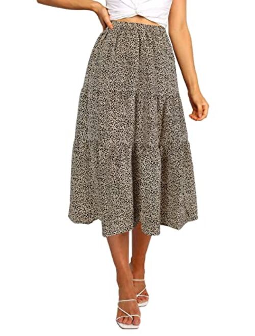 MEROKEETY Women's Boho Leopard Print Skirt Pleated A-Line Swing Midi Skirts