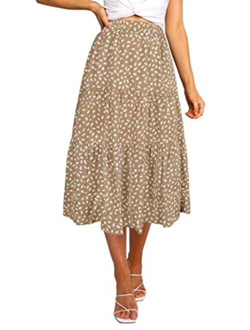 MEROKEETY Women's Boho Leopard Print Skirt Pleated A-Line Swing Midi Skirts