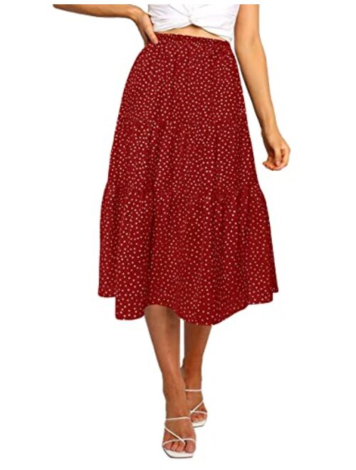 MEROKEETY Women's Boho Leopard Print Skirt Pleated A-Line Swing Midi Skirts