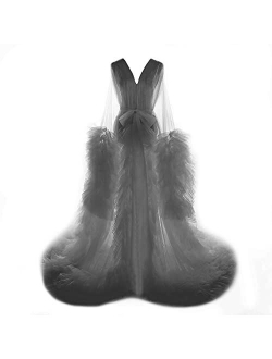 Fangjian Women's Thick Tulle Robe Maternity Photography Illusion Bathrobe Wedding Scarf Nightgown Bridal Robe Sexy Lingerie