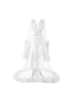 Fangjian Women's Long Bridal Robes Tulle Lingerie Maternity Bathrobe Photoshoot Illusion Wedding Scarf Party Nightgown