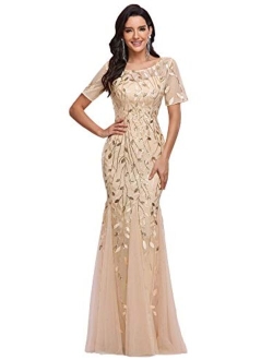 Women's Illusion Embroidery Elegant Mermaid Evening Dress 07707