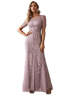 Women's Illusion Embroidery Elegant Mermaid Evening Dress 07707