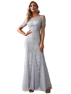 Women's Illusion Embroidery Elegant Mermaid Evening Dress 07707