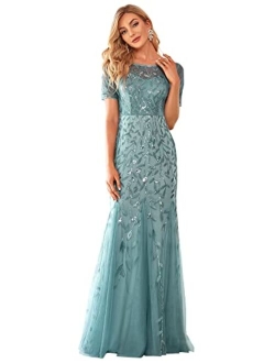 Women's Illusion Embroidery Elegant Mermaid Evening Dress 07707