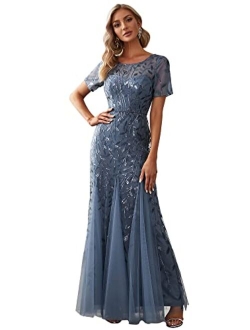 Women's Illusion Embroidery Elegant Mermaid Evening Dress 07707