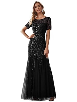 Women's Illusion Embroidery Elegant Mermaid Evening Dress 07707