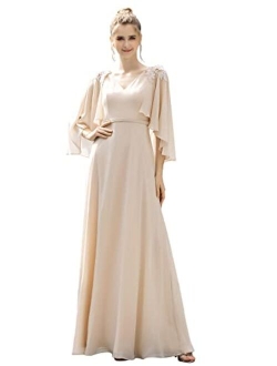 Women's Applique Chiffon Long Sleeve Maxi Formal Evening Party Dress 0638