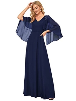 Women's Applique Chiffon Long Sleeve Maxi Formal Evening Party Dress 0638