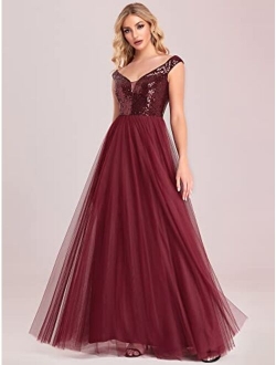 Womens V Neck Sequin Tulle A Line Evening Formal Dress 0277