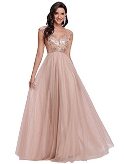 Womens V Neck Sequin Tulle A Line Evening Formal Dress 0277