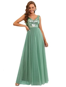 Womens V Neck Sequin Tulle A Line Evening Formal Dress 0277