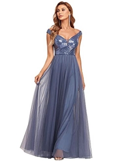 Womens V Neck Sequin Tulle A Line Evening Formal Dress 0277