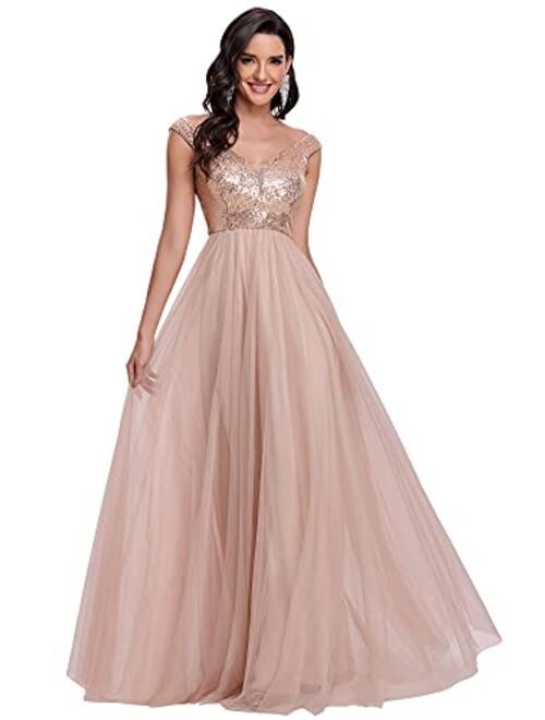 Ever-Pretty Womens V Neck Sequin Tulle A Line Evening Formal Dress 0277