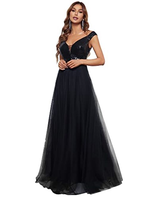 Ever-Pretty Womens V Neck Sequin Tulle A Line Evening Formal Dress 0277