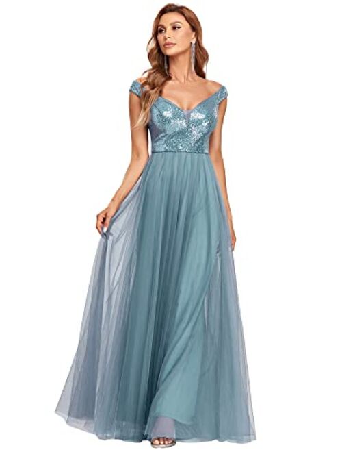 Ever-Pretty Womens V Neck Sequin Tulle A Line Evening Formal Dress 0277