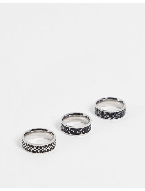 ASOS DESIGN 3 pack stainless steel band ring set with crosses and emboss in silver tone