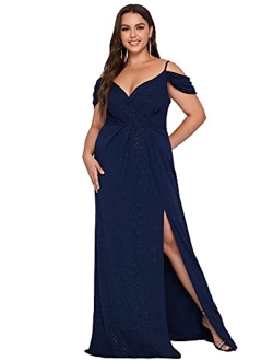 Women's Glitter Off-Shoulder Plus Size V-Neck Formal Dress for Evening Party 50088-PZ