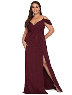 Women's Glitter Off-Shoulder Plus Size V-Neck Formal Dress for Evening Party 50088-PZ