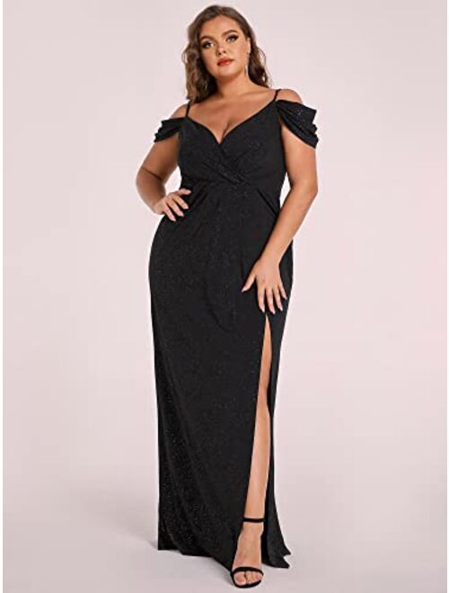 Ever-Pretty Women's Glitter Off-Shoulder Plus Size V-Neck Formal Dress for Evening Party 50088-PZ