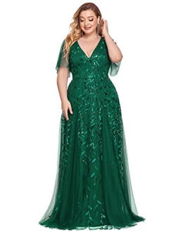 Womens Plus Size V Neck A Line Sequin Tulle Formal Dress 0734-PZ