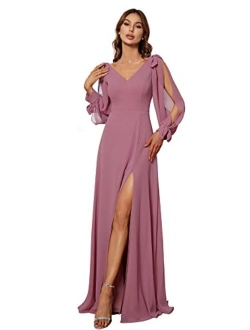 Women's V Neck Long Sleeve Elegant Chiffon A Line Side Slit Formal Prom Dress 80116