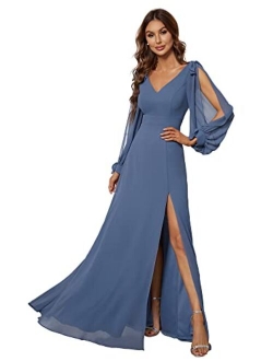 Women's V Neck Long Sleeve Elegant Chiffon A Line Side Slit Formal Prom Dress 80116