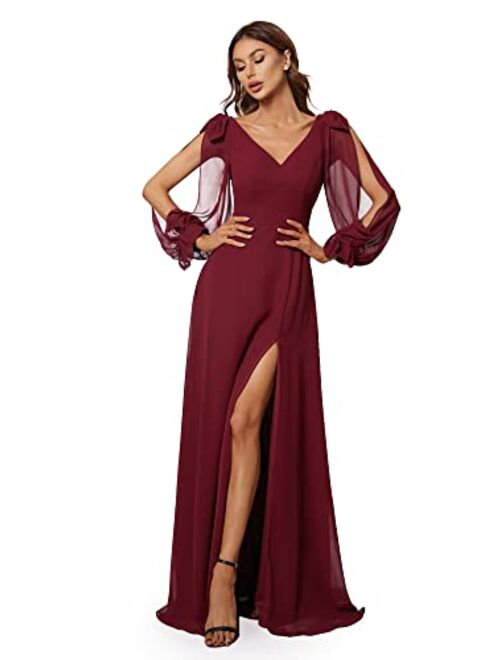 Ever-Pretty Women's V Neck Long Sleeve Elegant Chiffon A Line Side Slit Formal Prom Dress 80116