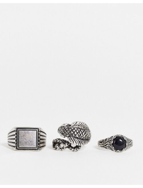 ASOS DESIGN 3 pack mixed signet ring set with animals in burnished silver tone