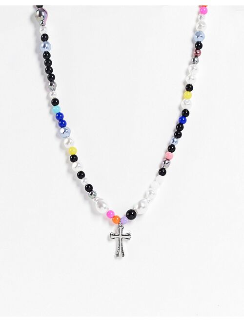 ASOS DESIGN beaded neckchain with cross pendant in multicolor