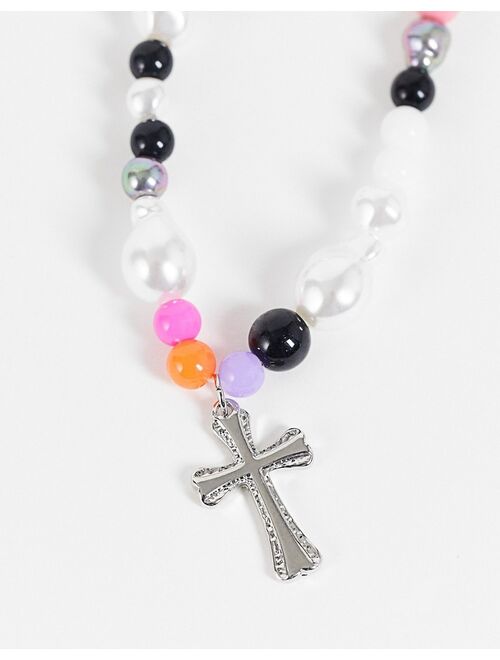 ASOS DESIGN beaded neckchain with cross pendant in multicolor