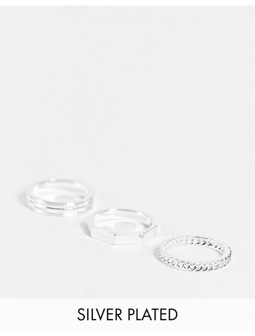 ASOS DESIGN 3-pack slim band ring set with textured detail in real silver plate