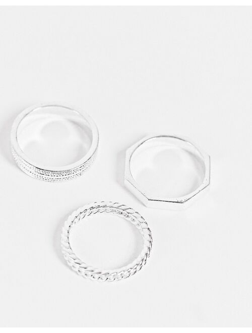 ASOS DESIGN 3-pack slim band ring set with textured detail in real silver plate