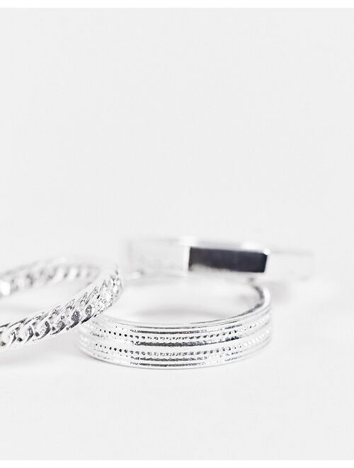 ASOS DESIGN 3-pack slim band ring set with textured detail in real silver plate