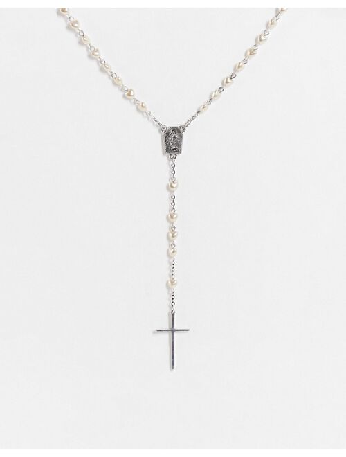 ASOS DESIGN vintage-inspired rosary beads with white faux pearls and cross in burnished silver