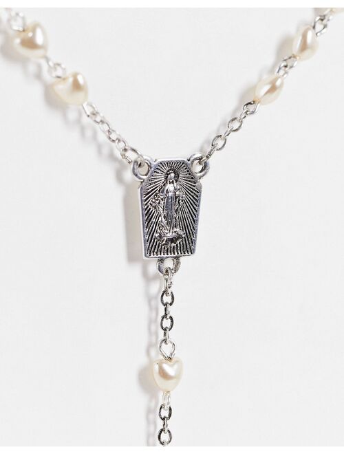 ASOS DESIGN vintage-inspired rosary beads with white faux pearls and cross in burnished silver