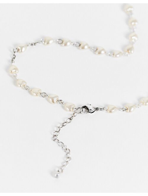 ASOS DESIGN vintage-inspired rosary beads with white faux pearls and cross in burnished silver