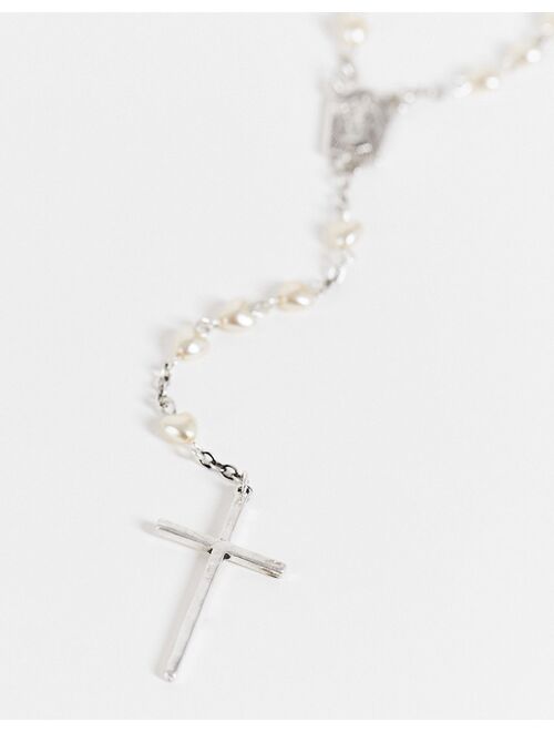 ASOS DESIGN vintage-inspired rosary beads with white faux pearls and cross in burnished silver