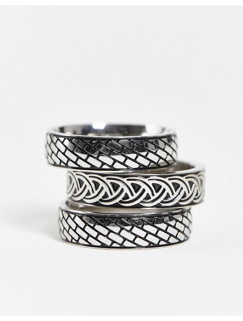 ASOS DESIGN 3 pack stainless steel band ring set with emboss detail in silver