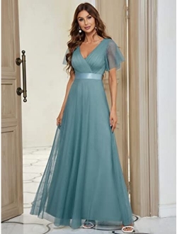 Women's Double V-Neck Empire Waist Front Wrap Bridesmaid Dress 7962