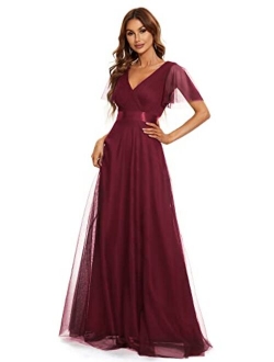 Women's Double V-Neck Empire Waist Front Wrap Bridesmaid Dress 7962